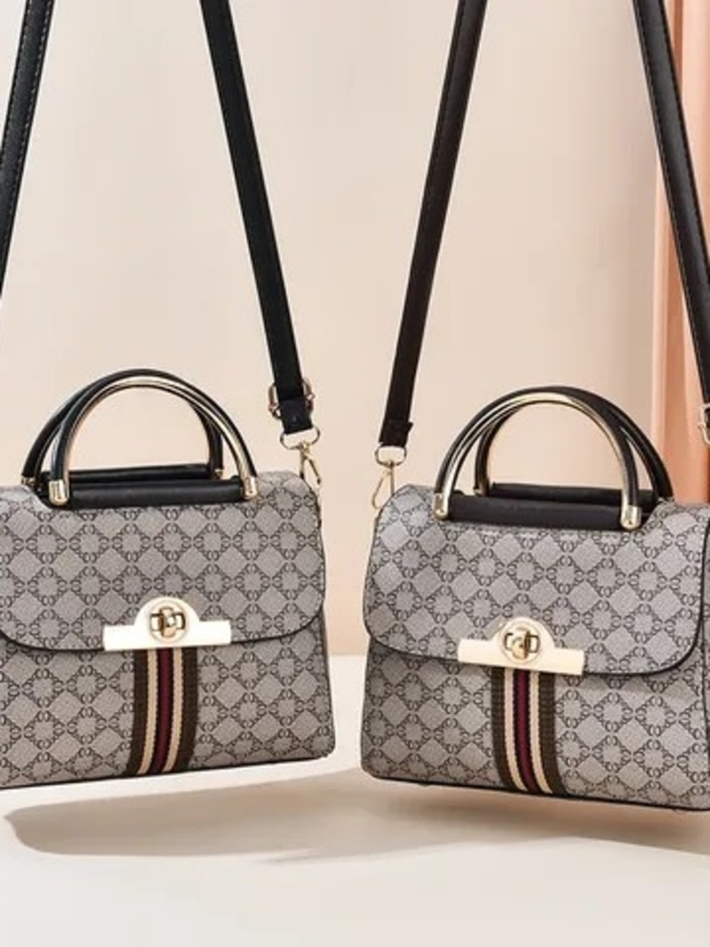 & Other Stories Gray Monogram Top-Handle Satchel with Stripe Detail